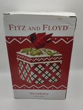 Fitz and Floyd Red Plaid Winterberry Lidded Box with Cardinal Motif 2012